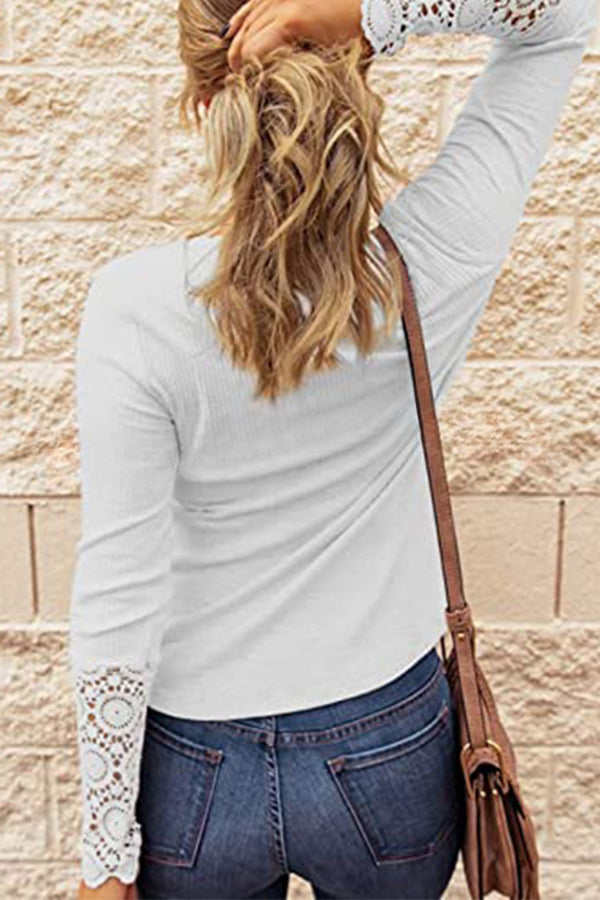 Solid Color Button Crochet Lace Long Sleeve Top