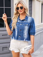 Jeansjacke mit Knopfleiste und Used-Look im Raw-Saum