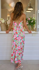 Pink Rose Print Midi Dress