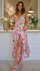 Pink Rose Print Midi Dress