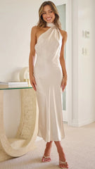 Haferfarbenes Neckholder-Midikleid aus Satin