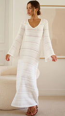 White Long Sleeves Knit Maxi Dress