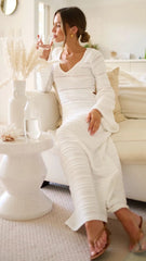 White Long Sleeves Knit Maxi Dress