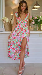 Pink Rose Print Midi Dress