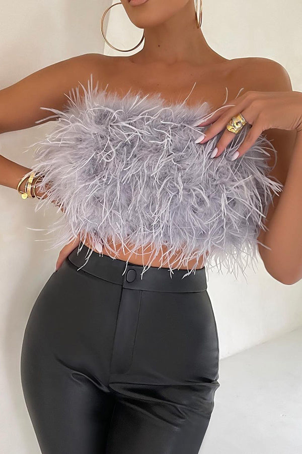 Fancy Night Out Off Shoulder Feather Crop Top