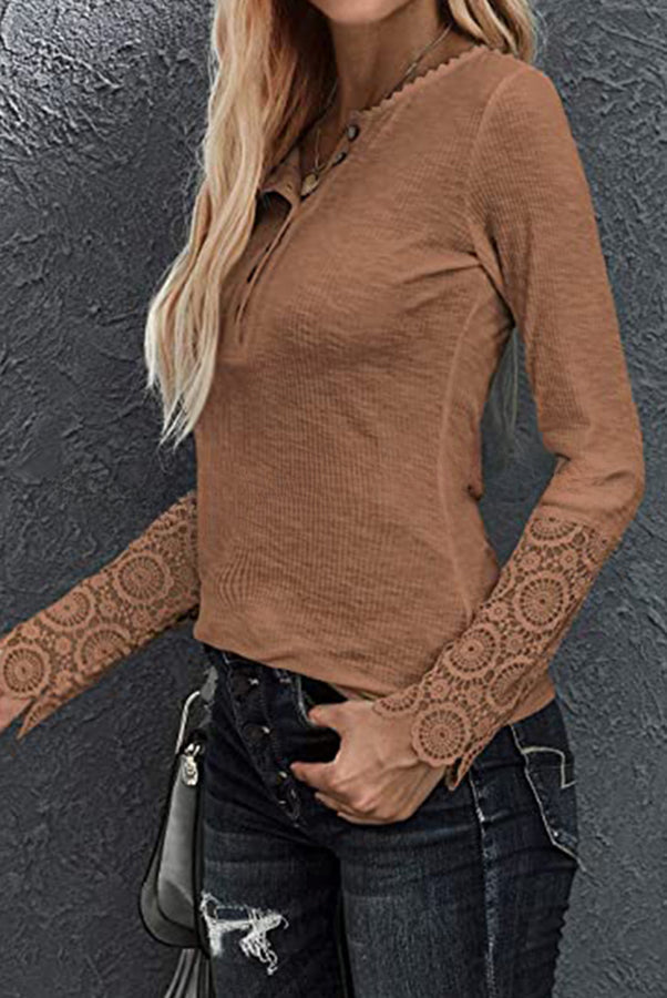 Solid Color Button Crochet Lace Long Sleeve Top