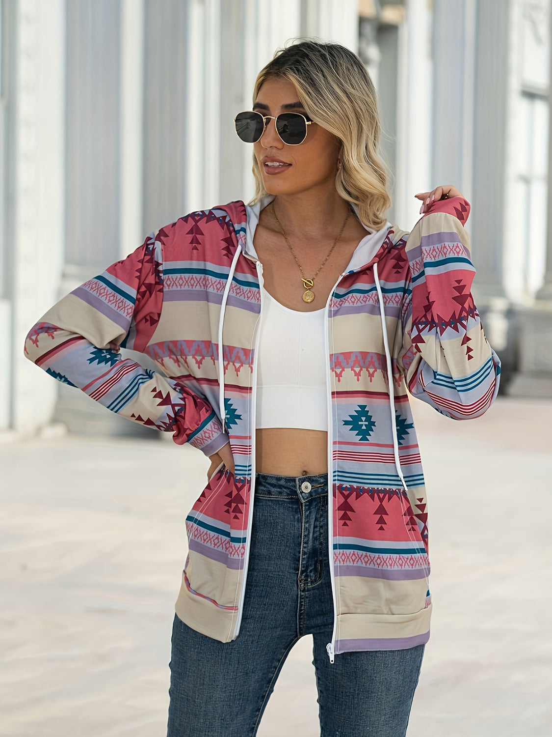 Geometrische Langarm-Kapuzenjacke mit Reißverschluss