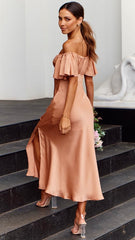 Peach Pink Off Shoulder Midi Dress