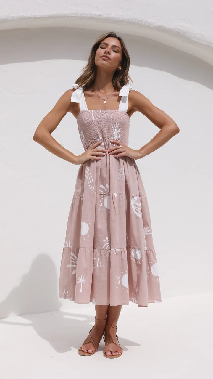 Dusty Pink Shoulder Tie Midi Dress