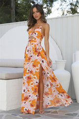 Orange Floral High Slit Maxi Dress