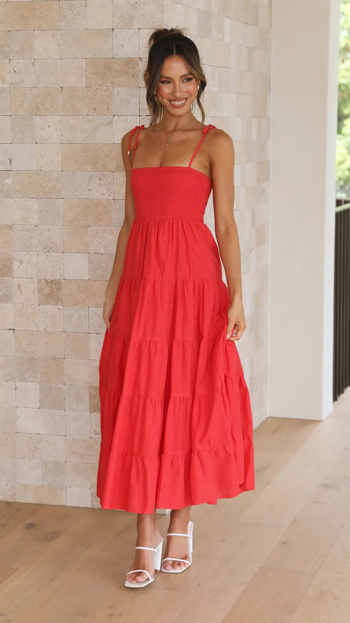 Red Shoulder Tie Tiered Midi Dress