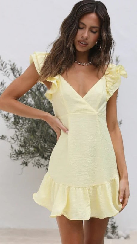 Light Yellow Surplice Mini Dress