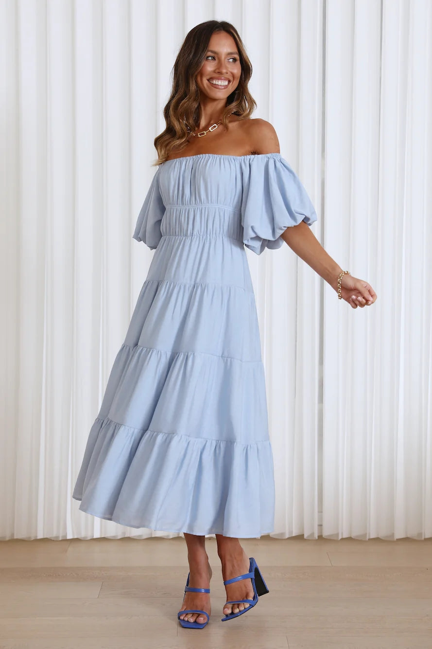 Light Blue Off Shoulder Midi Dress