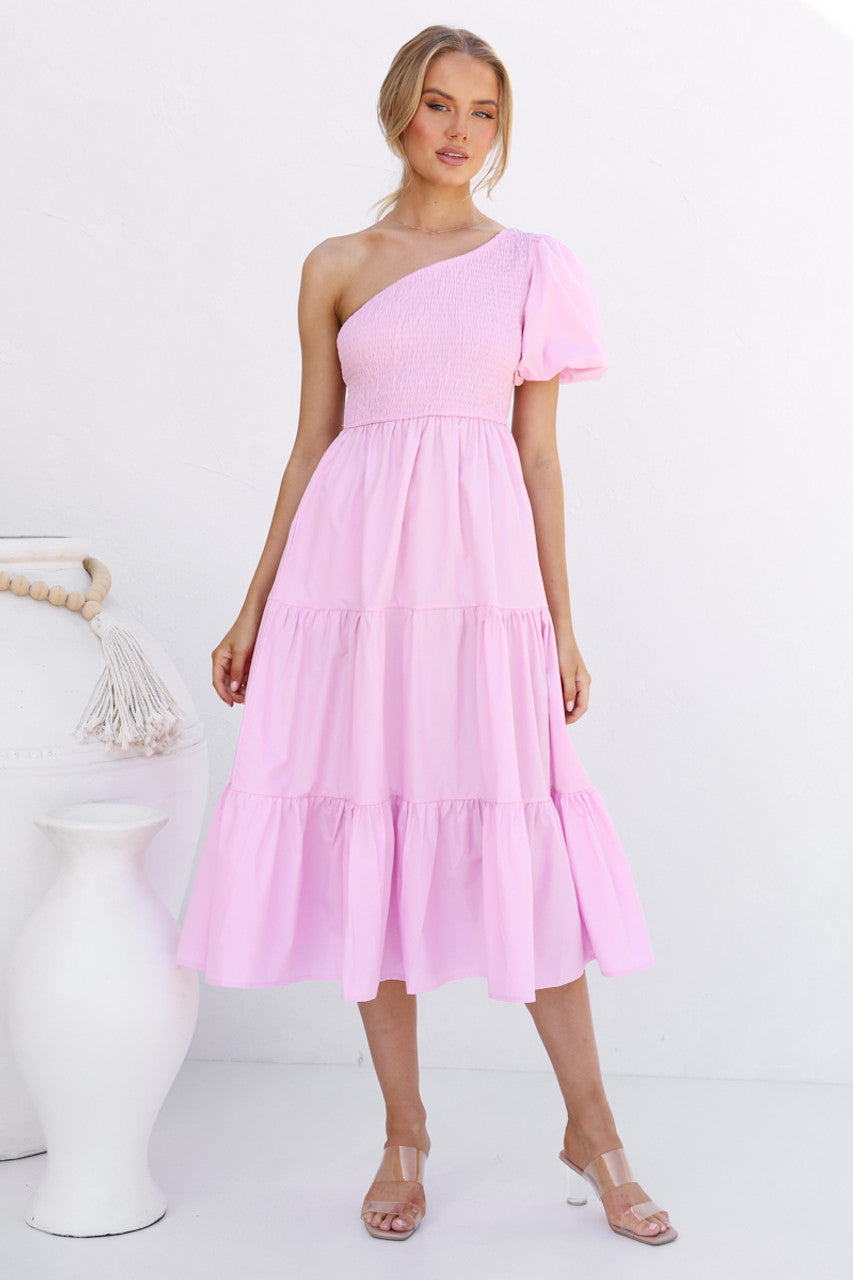 Pink One Shoulder Midi Dress