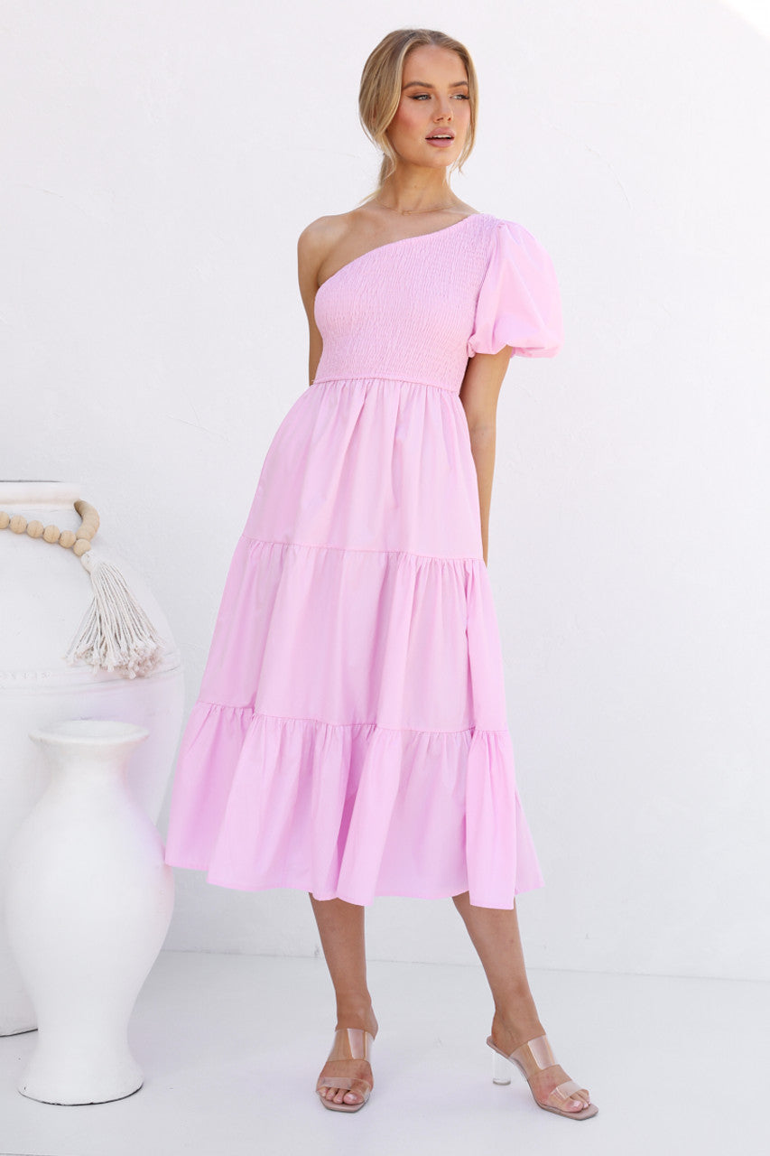 Pink One Shoulder Midi Dress