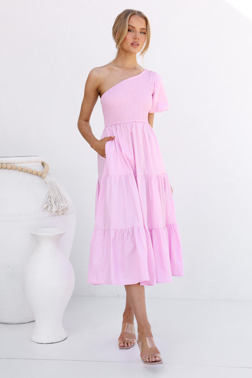 Pink One Shoulder Midi Dress