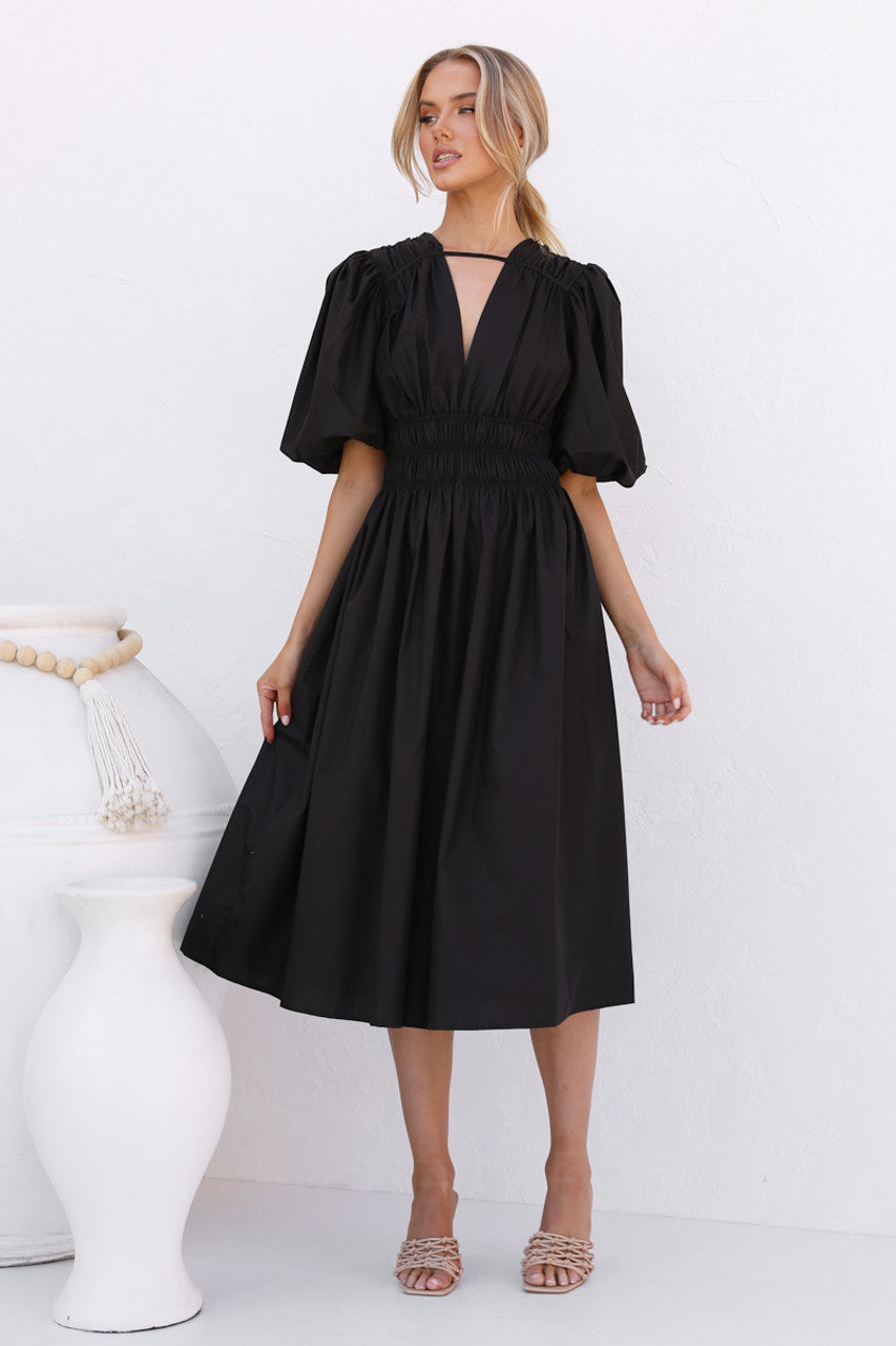 Black Short Sleeves Midi Dress