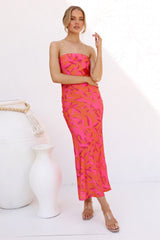 Orange Floral Strapless Midi Dress