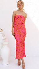 Orange Floral Strapless Midi Dress