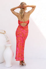 Orange Floral Strapless Midi Dress
