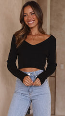 Schwarzes, geripptes Strick-Crop-Top