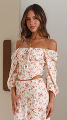 Beige Floral Off Shoulder Crop Top