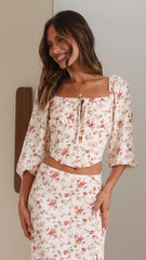 Beige Floral Off Shoulder Crop Top