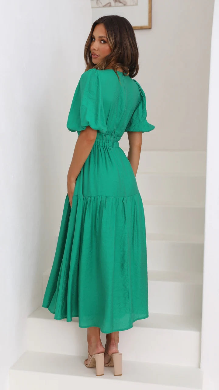 Emerald Deep V Neckline Tiered Midi Dress