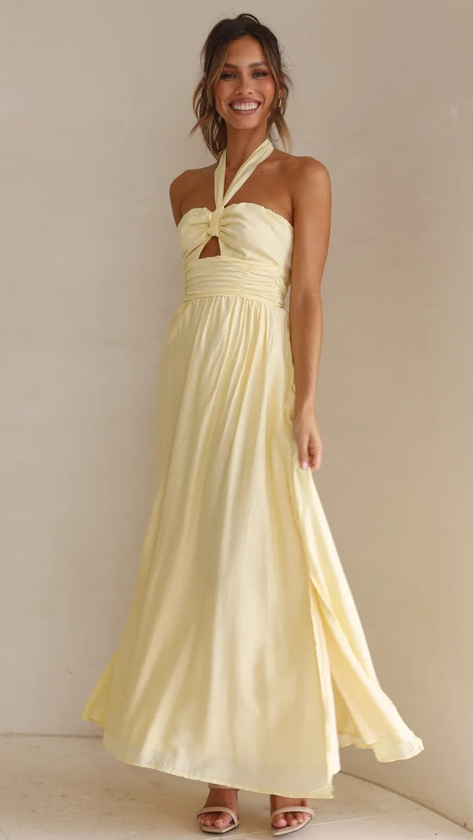 Gelbes, einfarbiges Neckholder-Maxikleid