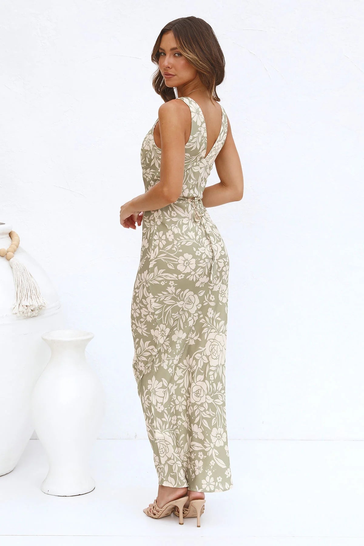 Green Floral Sleeveless Midi Dress