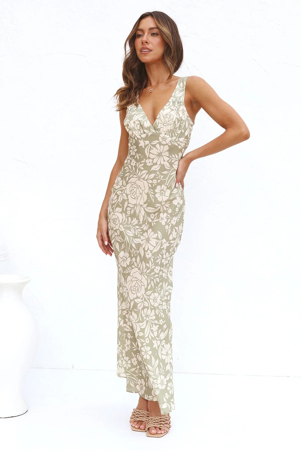 Green Floral Sleeveless Midi Dress
