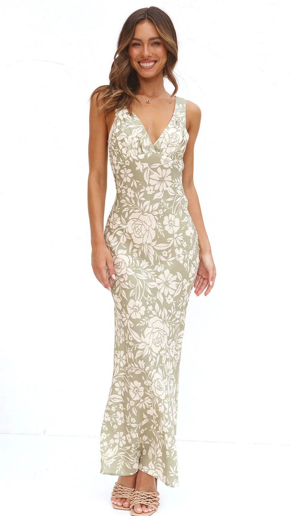 Green Floral Sleeveless Midi Dress