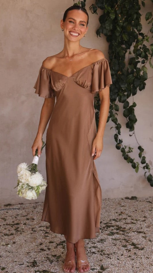 Chocolate Off Shoulder Midi Dress