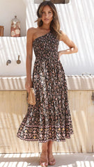 Black Boho Floral One Shoulder Midi Dress