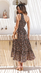 Black Boho Floral One Shoulder Midi Dress