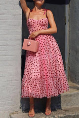 Heart Shaped Print Patchwork Lace Up Midi Dress