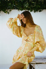 Yellow Floral Long Sleeves Mini Dress