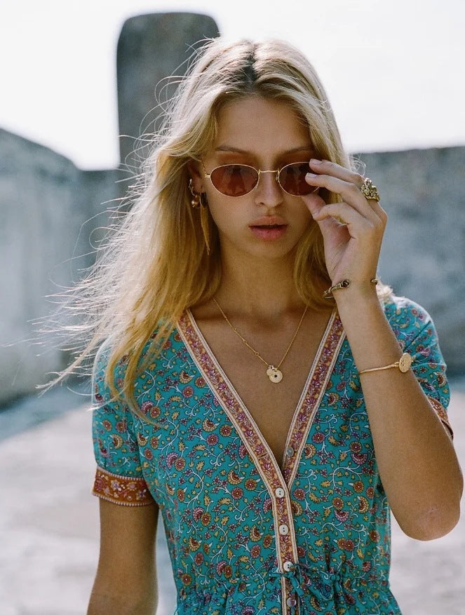 Boho Turquoise Floral Button Down Dress