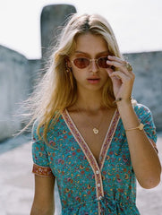 Boho Turquoise Floral Button Down Dress