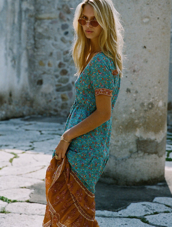 Boho Turquoise Floral Button Down Dress
