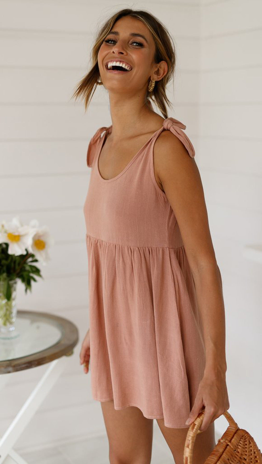 Dusty Pink Shoulder-Tie Shift Dress