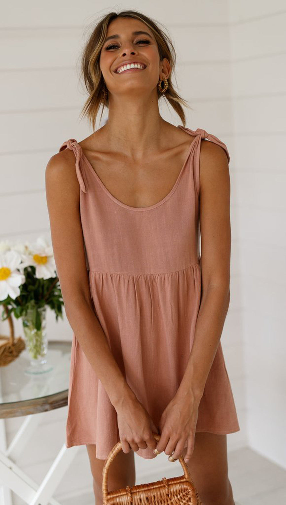 Dusty Pink Shoulder-Tie Shift Dress