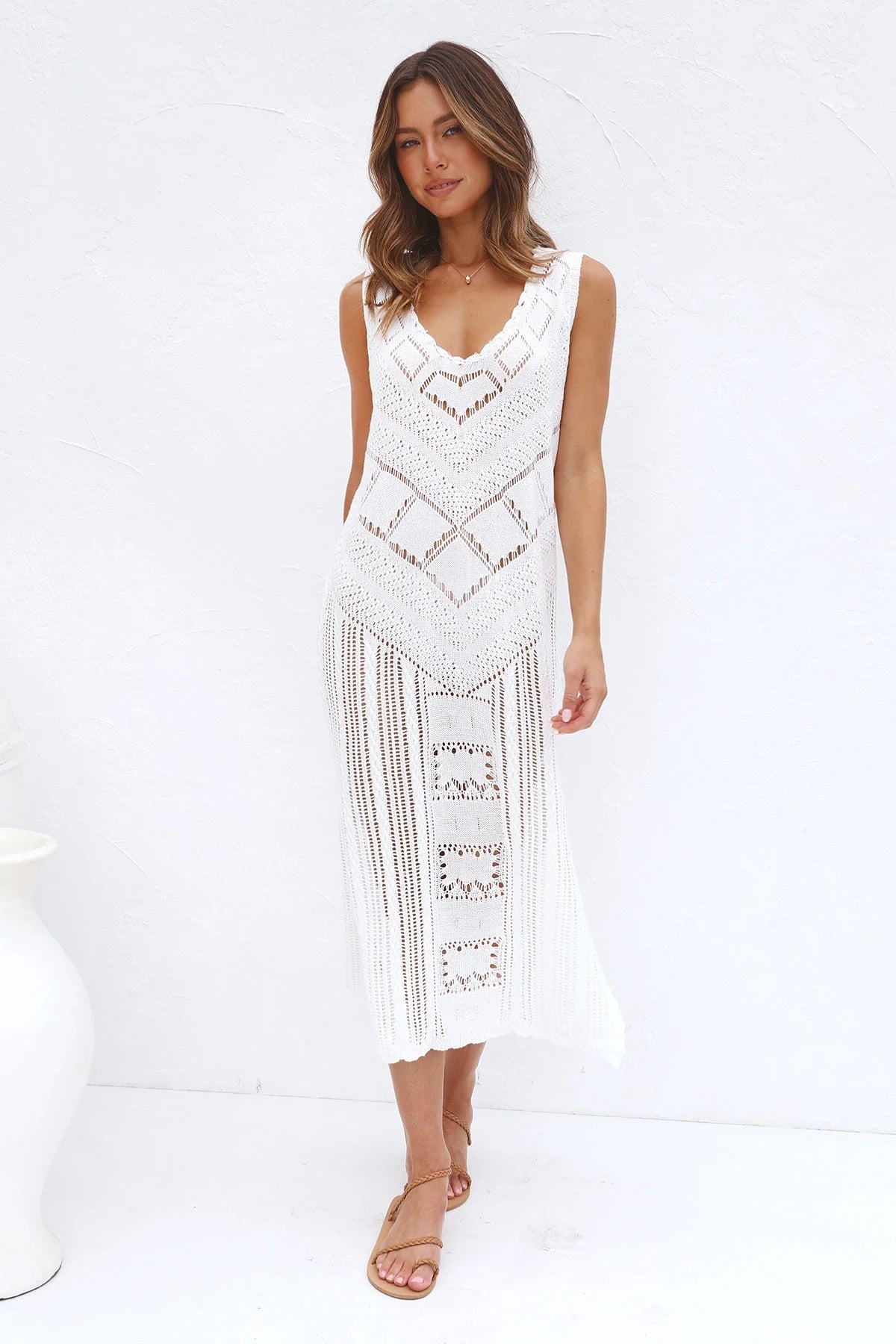 White Crochet Knit Midi Dress