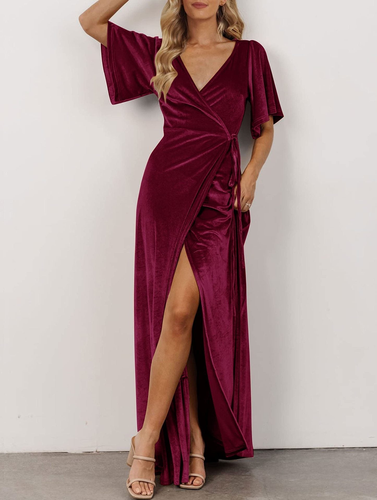 Velvet V Neck Strappy Slit Dress