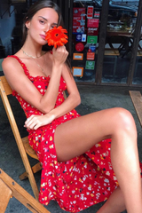 Red Floral Button Down Long Dress