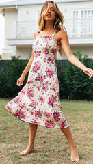 Pink Roses Print Ruffles Cami Dress