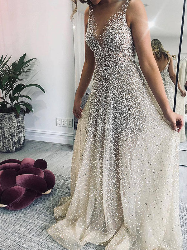 Sparkling V-Neck Mesh Party Sequin Dress