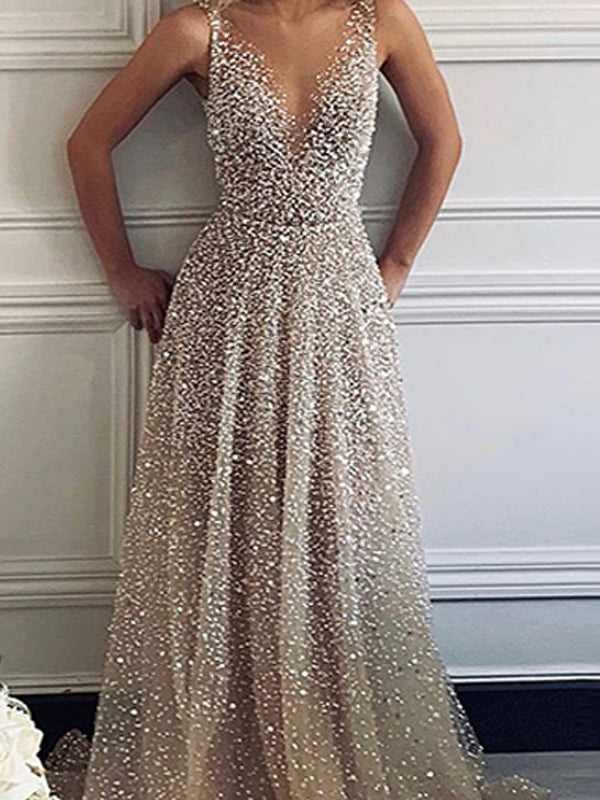 Sparkling V-Neck Mesh Party Sequin Dress