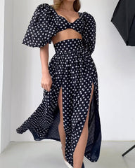 Kurzes Top mit Polka Dot-Print und Schlitzrock für Damen-Set 