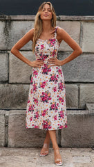 Pink Roses Print Ruffles Cami Dress